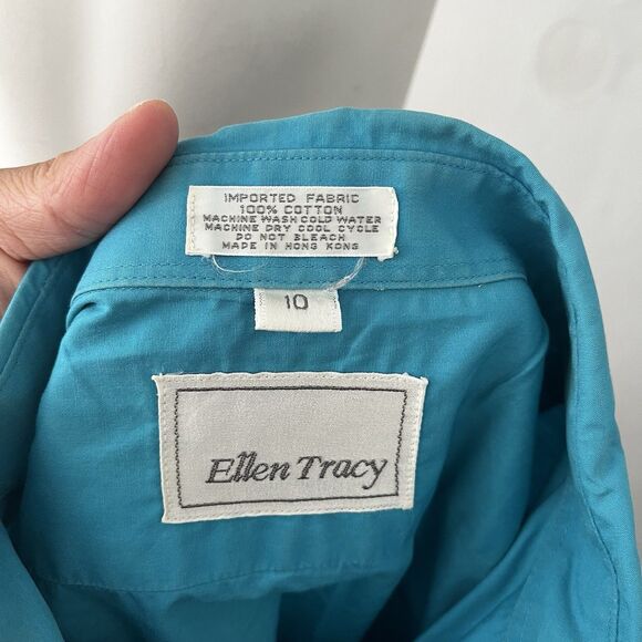 Vtg 80s Ellen Tracy Shirt 10 Cotton Baby Blue Western Cowgirl Ranch Barn w/stain - Picture 3 of 10